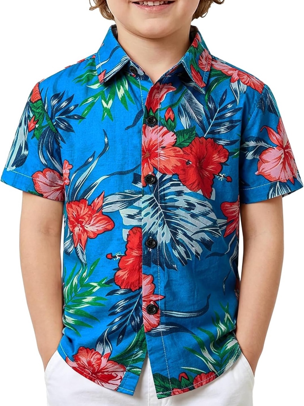 Jogal Boys Lake Blue Tropical Hawaiian Shirt with Red Floral Print